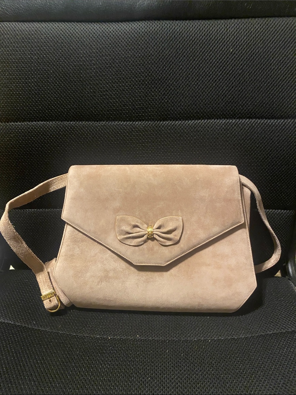 Bally Suede Crossbody Bag in taupe with Bow Accent.